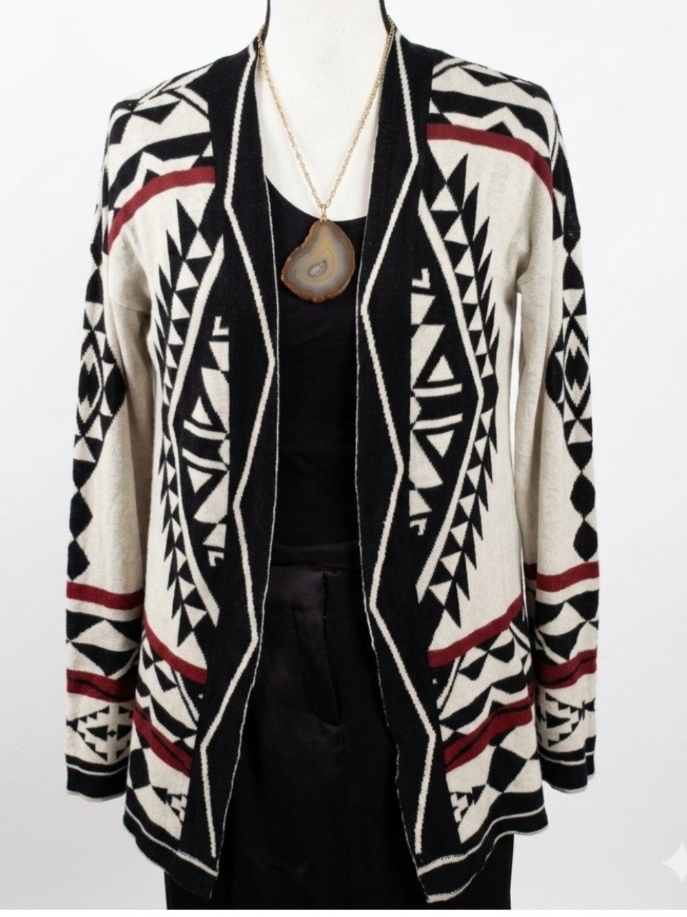 Open Front Aztec Pattern Cardigan Sweater - Black, Cream & Burgundy